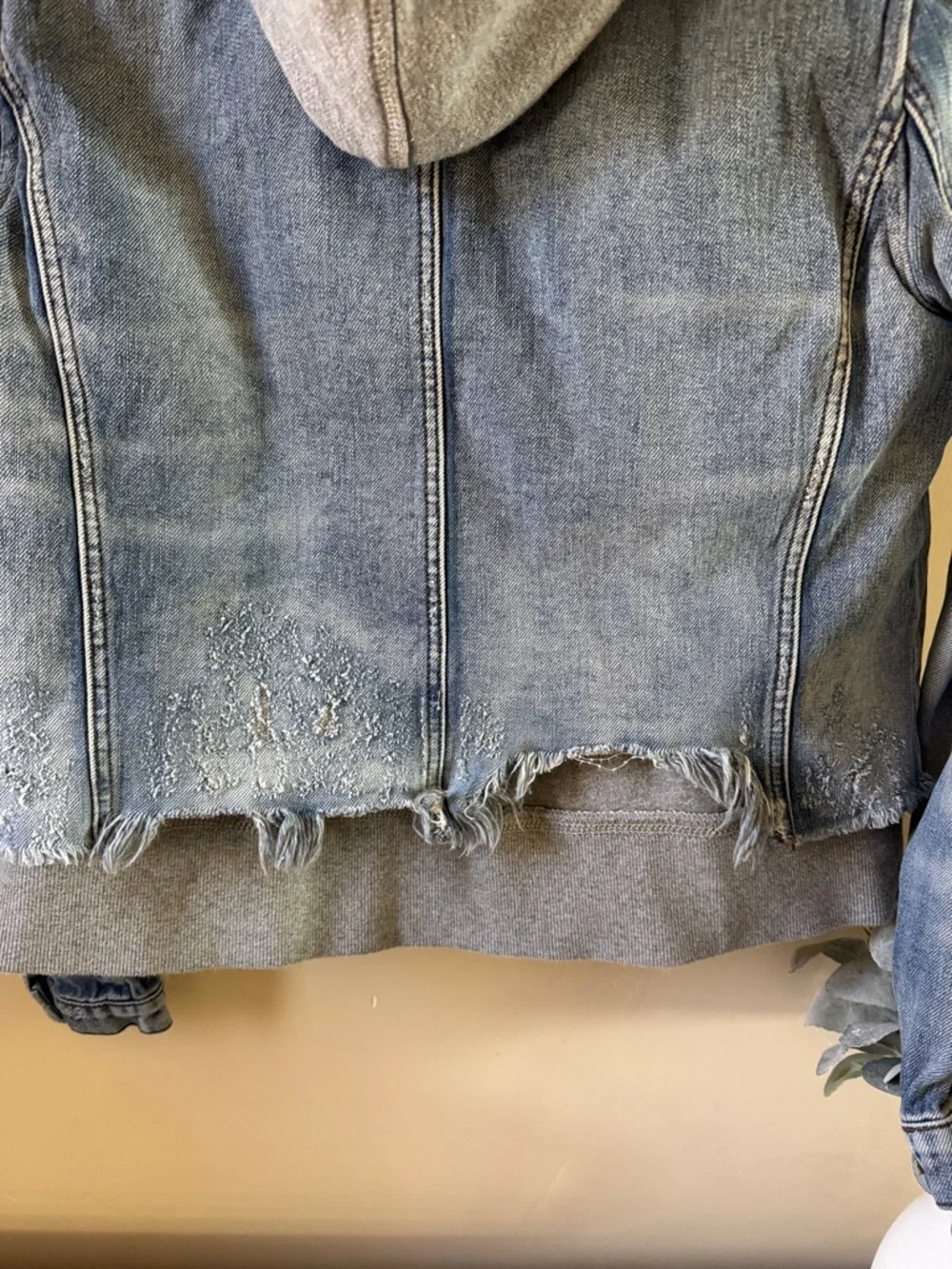 Free People Light Blue Distressed Denim Jacket with Heather Gray Hoodie - Picture 10 of 14